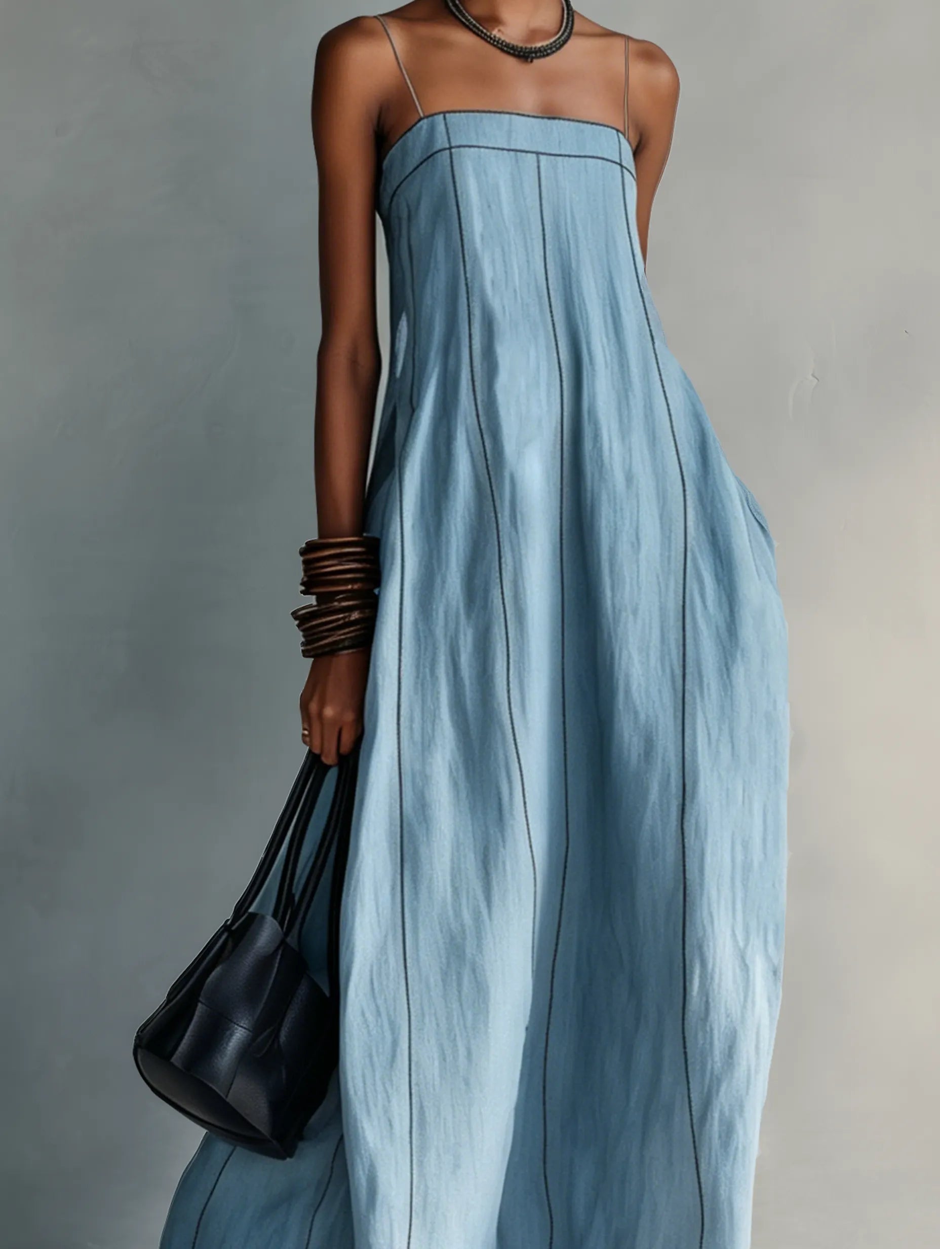 Women's Casual Blue Cotton-linen Sleeveless Camisole Maxi Dress MDZ1660F0LXY
