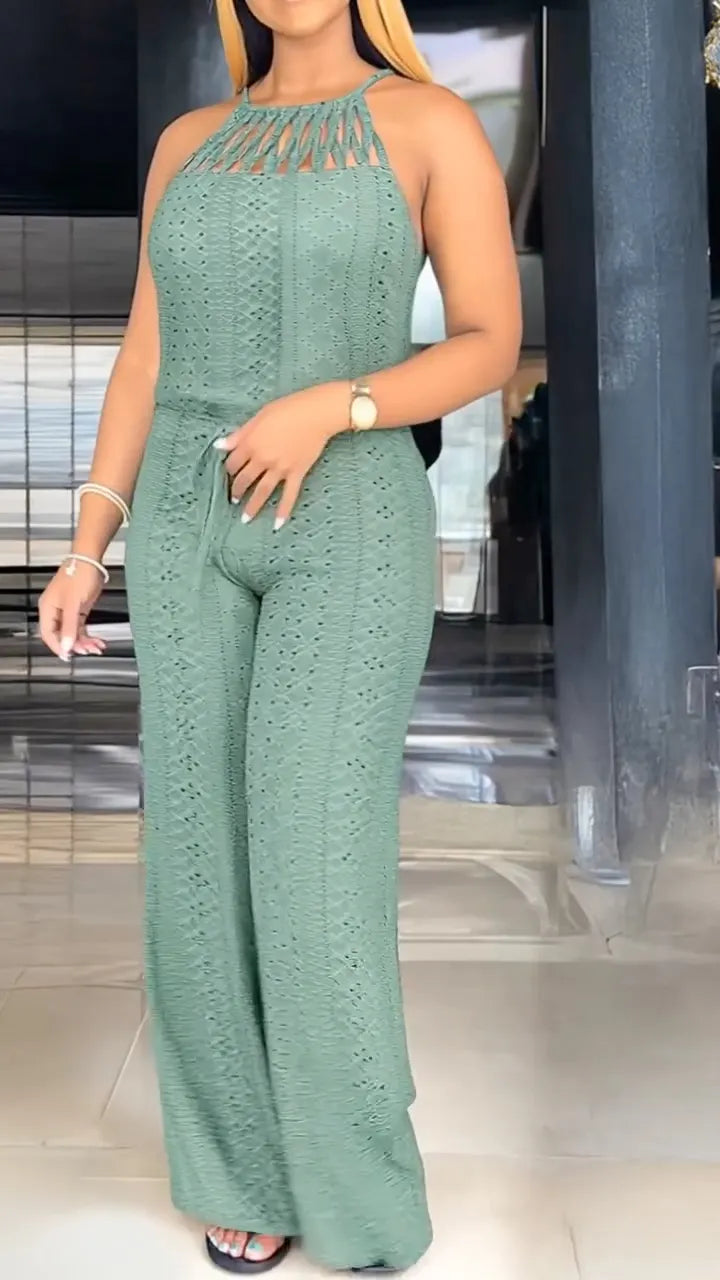 Women's Halter Neck Openwork Strap Casual Jumpsuit