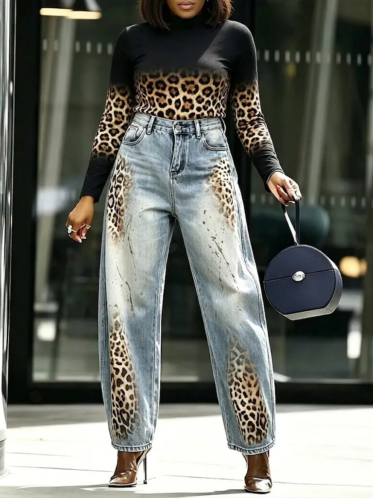 Casual Leopard-print Washed Jeans