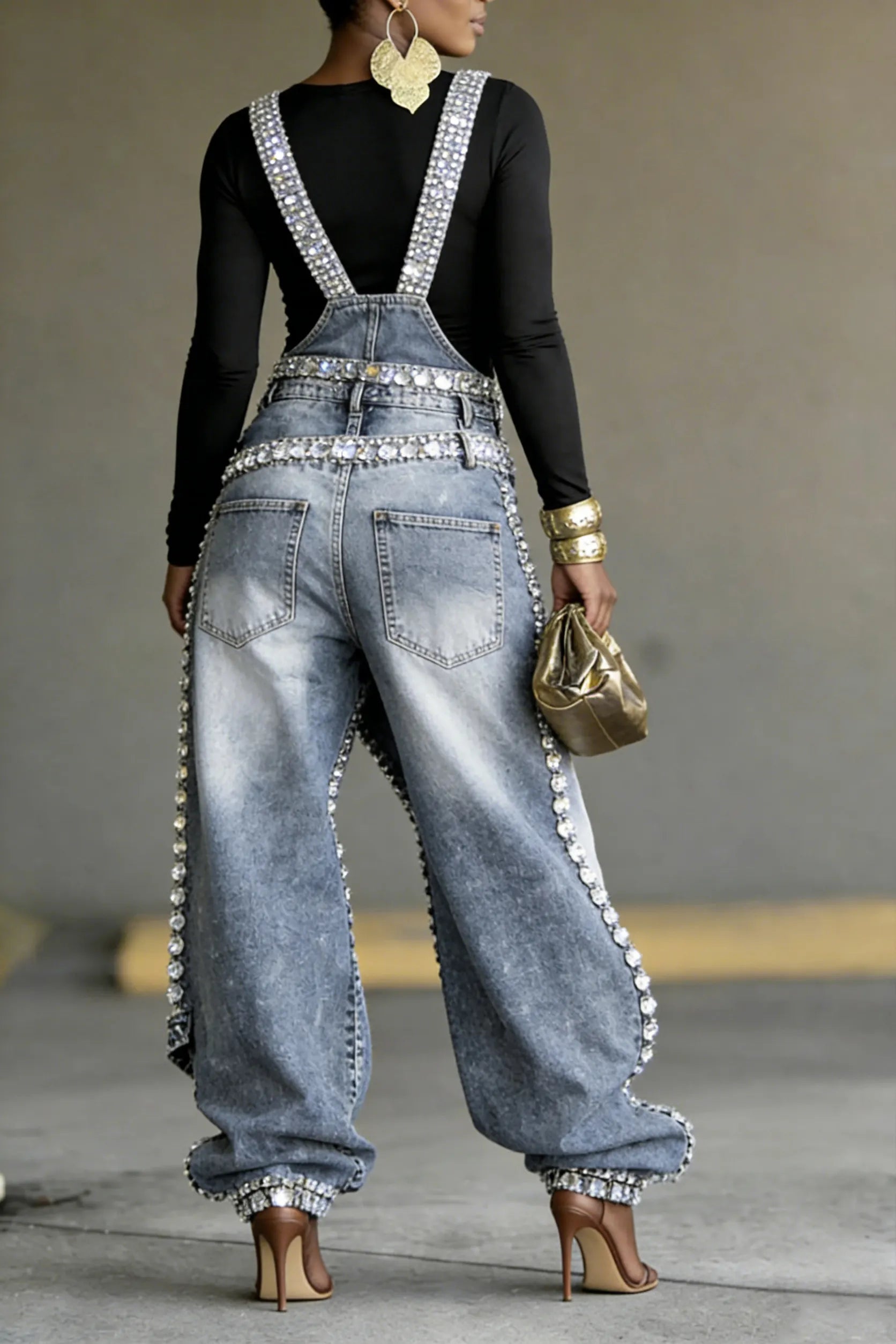 Women's Popular Rhinestone Faux Two-Piece Denim Jumpsuit