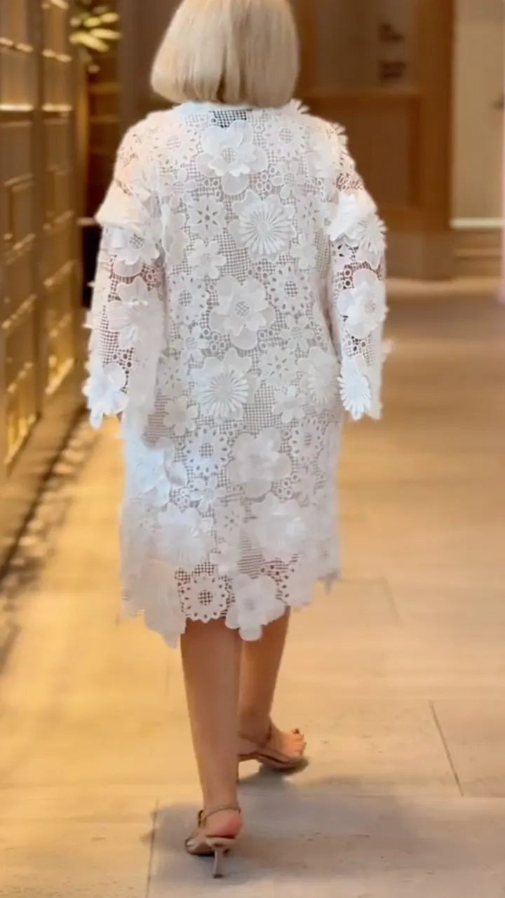 White 3D Floral Lace Midi Dress