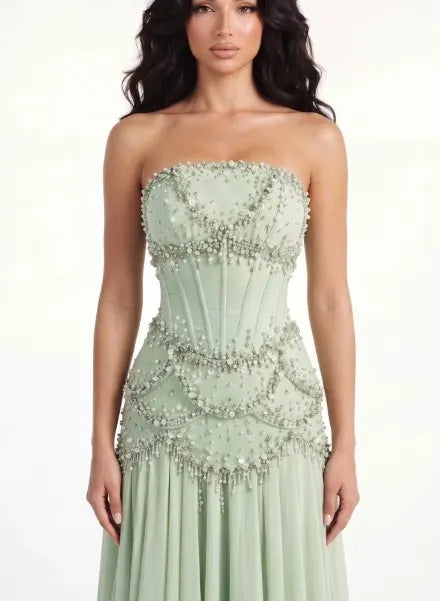 Cocoslly Strapless Sleeveless High Waist Long Prom Dress With Rhinstone | Dusty Sage Chiffon LX0090