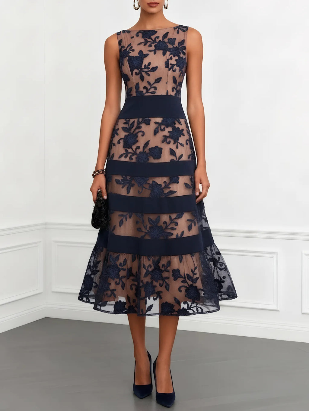 Purplish Blue Lace Jacquard Boat Neck Sleeveless A-Line Midi Dress