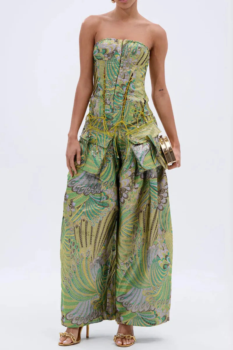 Ladies' Hot Selling Casual Spring And Summer Washed Peacock Print Wide Leg Jeans And Tops