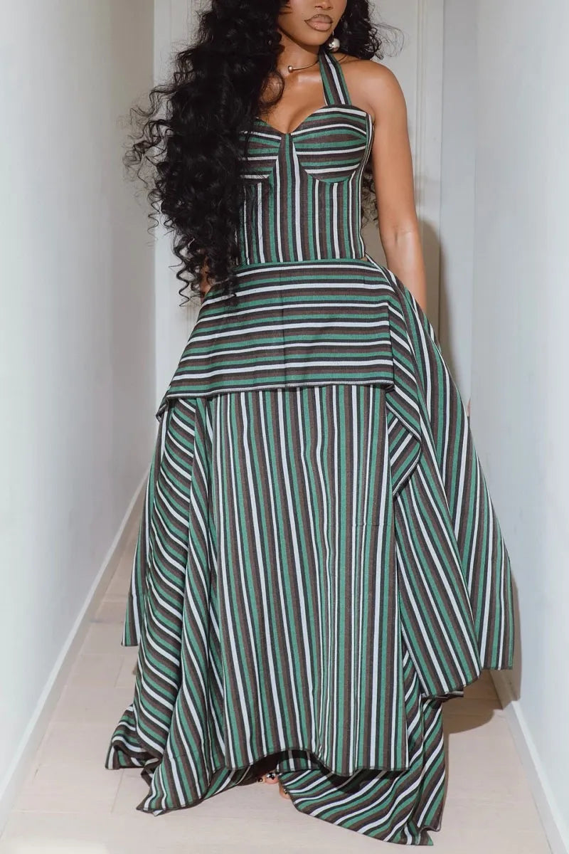 Women's Vintage Striped Halter Neck Asymmetric Maxi Dress