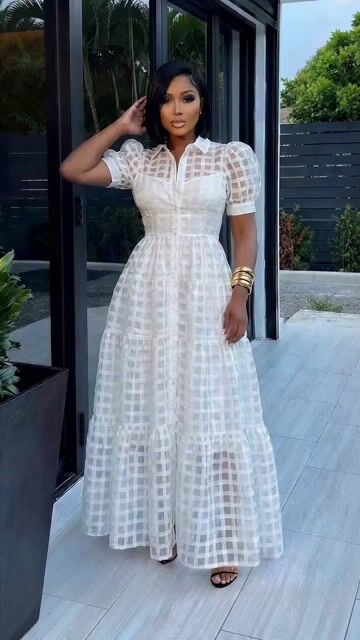 Turndown Collar Puff Sleeve Plaid A-Line Maxi Dresses-White