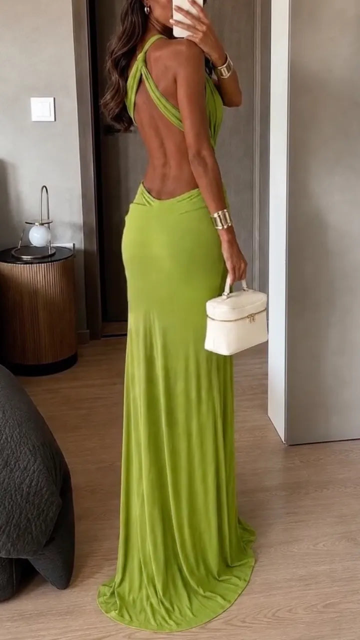 Green Halter Cutout Slit Maxi Dress