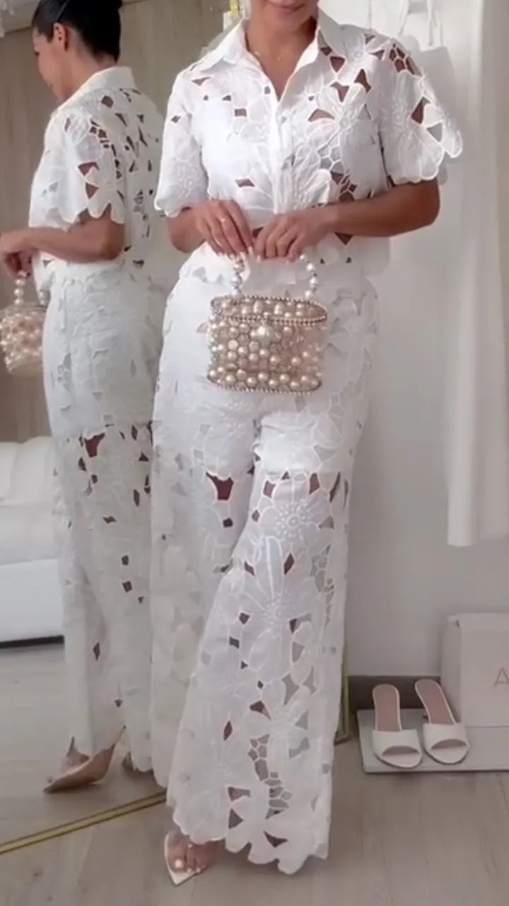 Floral Cutwork Lace Shirt & Wide Leg Pants Two‑Piece Set