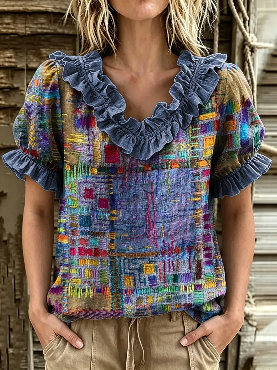 Women's Ethnic Patchwork Print Ruffle V-neck Puff Sleeve Top