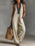 Women's V-Neck Cotton Linen Ethnic Print Casual Jumpsuit
