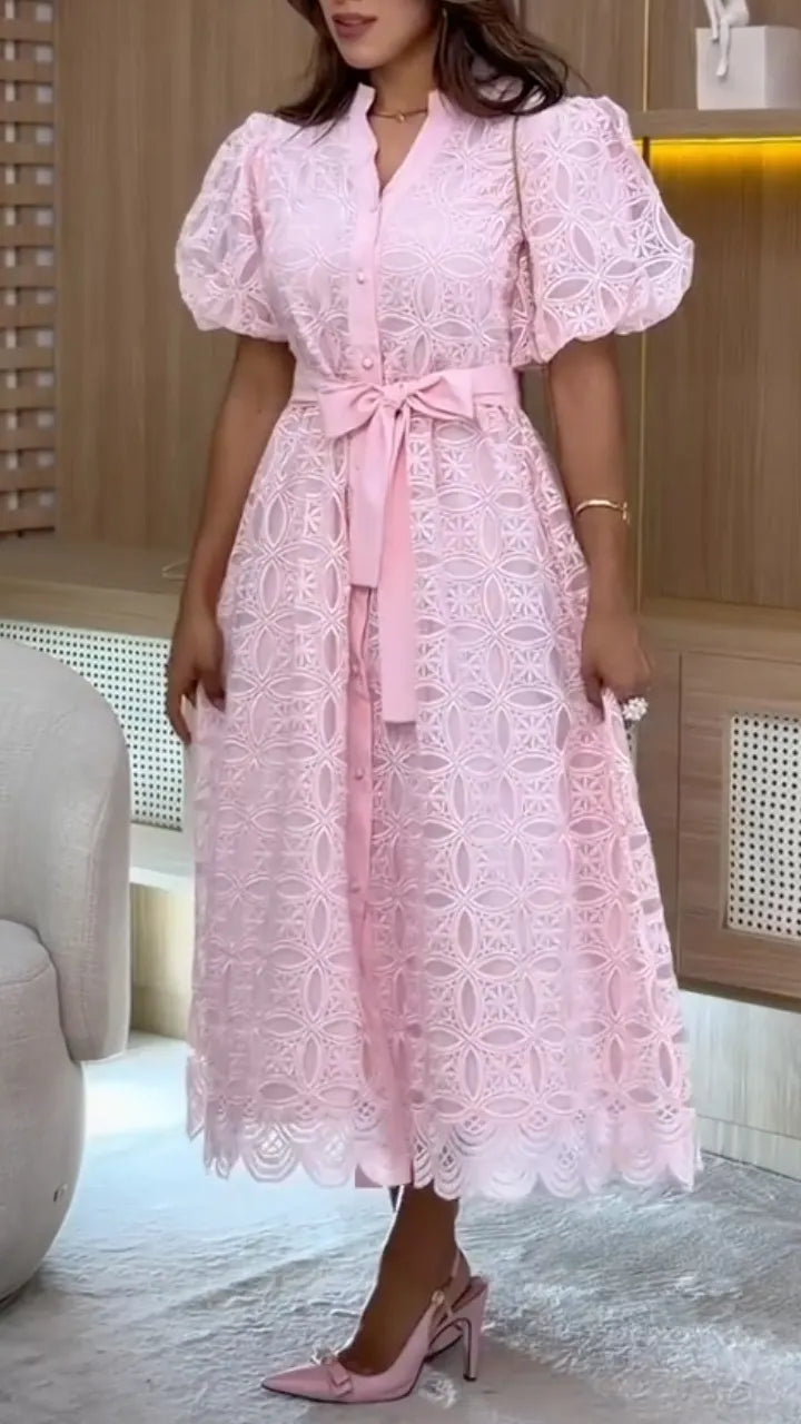 Geometric Lace Puff Sleeve Midi Shirt Dress