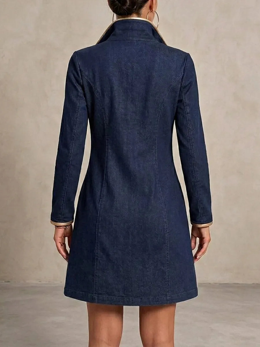 Women's Long-sleeved Casual Loose Denim Dress With Gold Trim And Metallic Eyelets