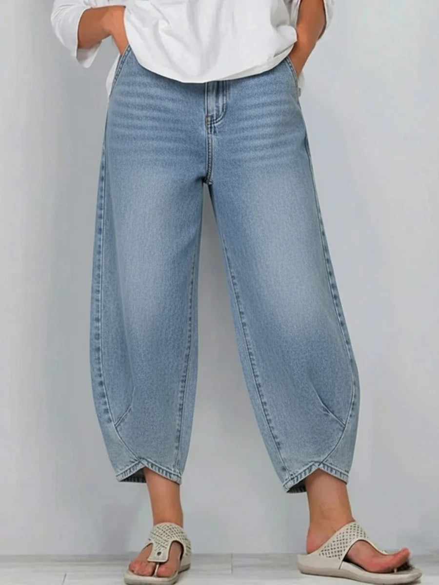 Women's Washed High-Waisted Cropped Lantern Jeans