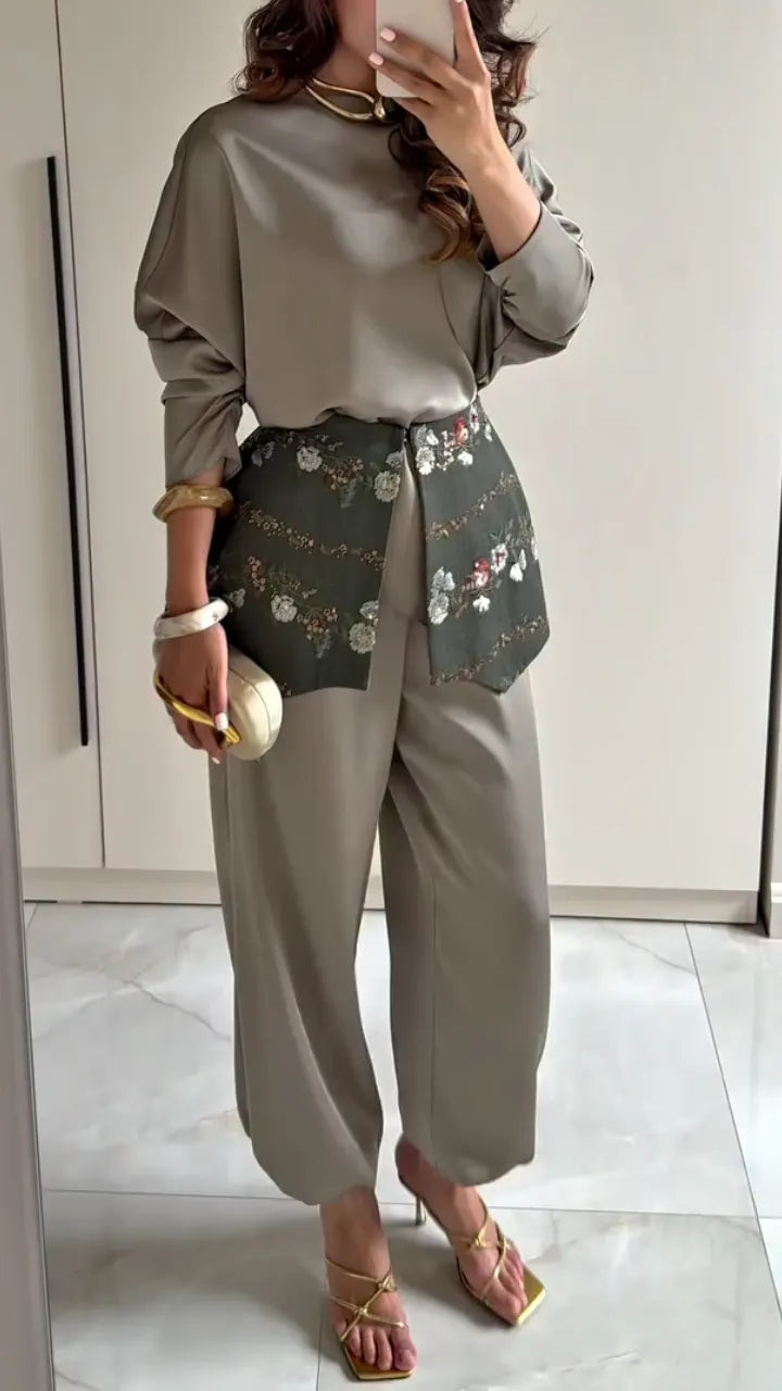 Satin Blouse With Embroidered Waistcoat & Trousers Set