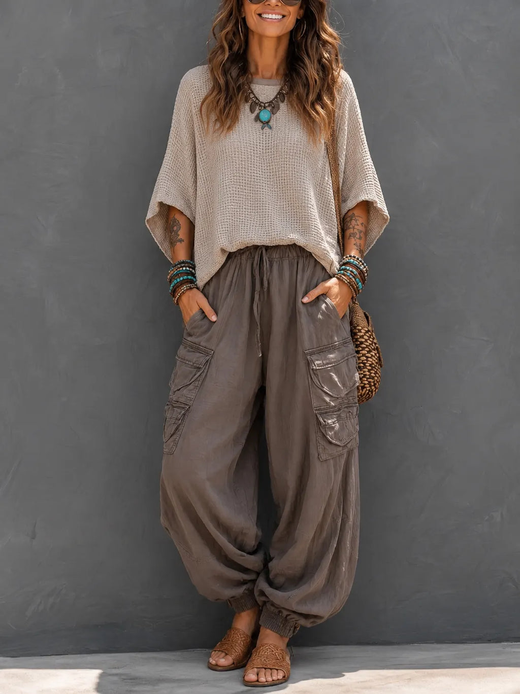 Casual & Cozy Two-piece Set: Waffle-knit Cotton Top And Cotton Cargo Pants