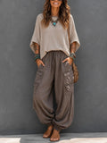 Casual & Cozy Two-piece Set: Waffle-knit Cotton Top And Cotton Cargo Pants