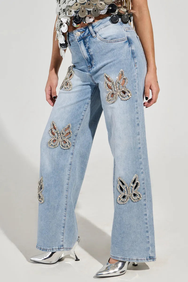 Elegant Crystal Butterfly Accent High-Waisted Jeans