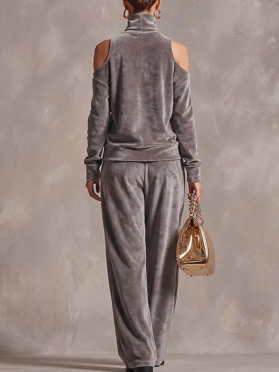 Women's Solid Color Stand Collar Off-shoulder Long Sleeve Casual Loose Velvet Top And High-waisted Wide-leg Casual Pants Velvet Set