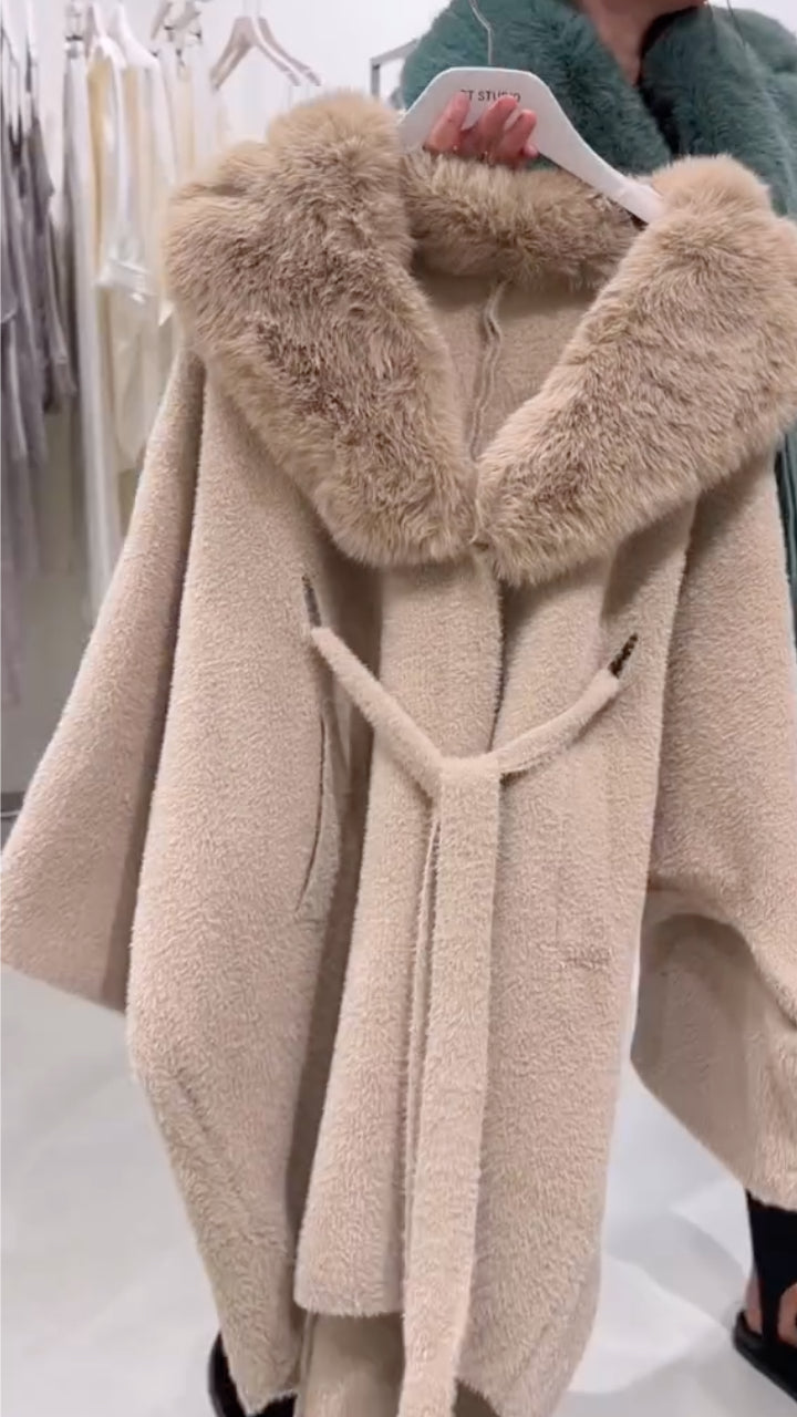 Faux Fur Collar Belted Long Coat