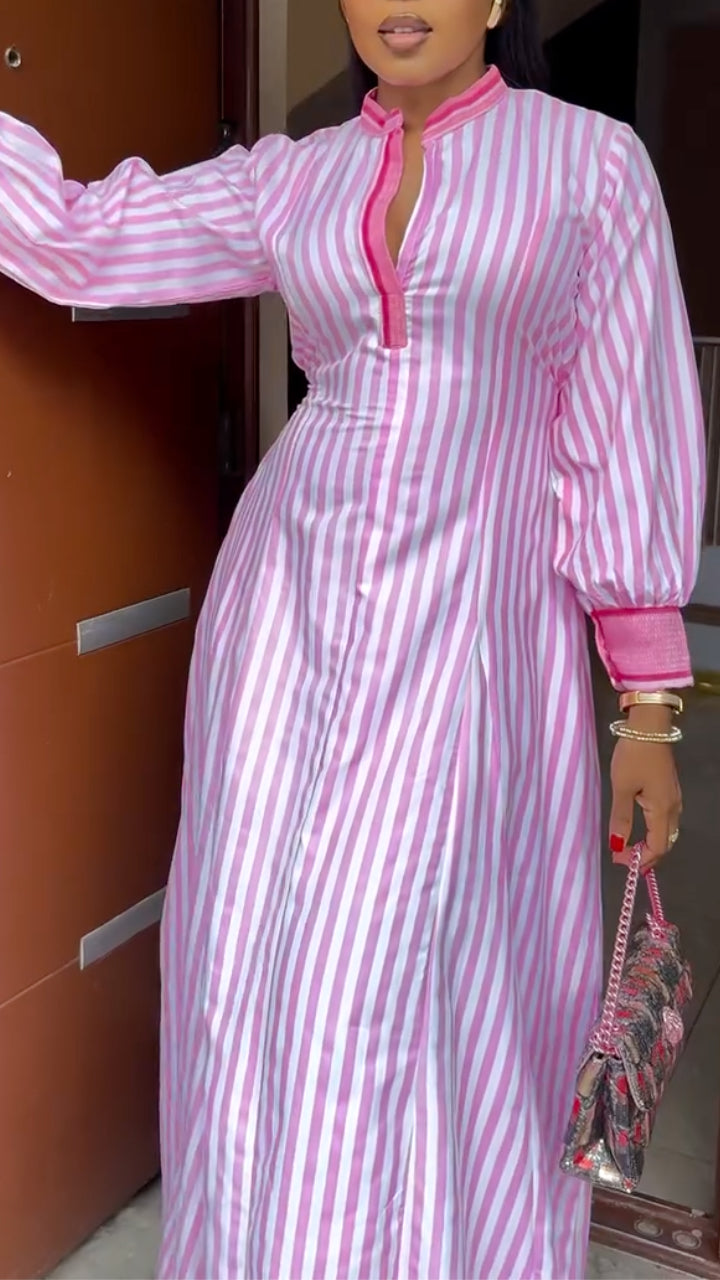 Stripe Stand Collar Long Maxi Kaftan Dress