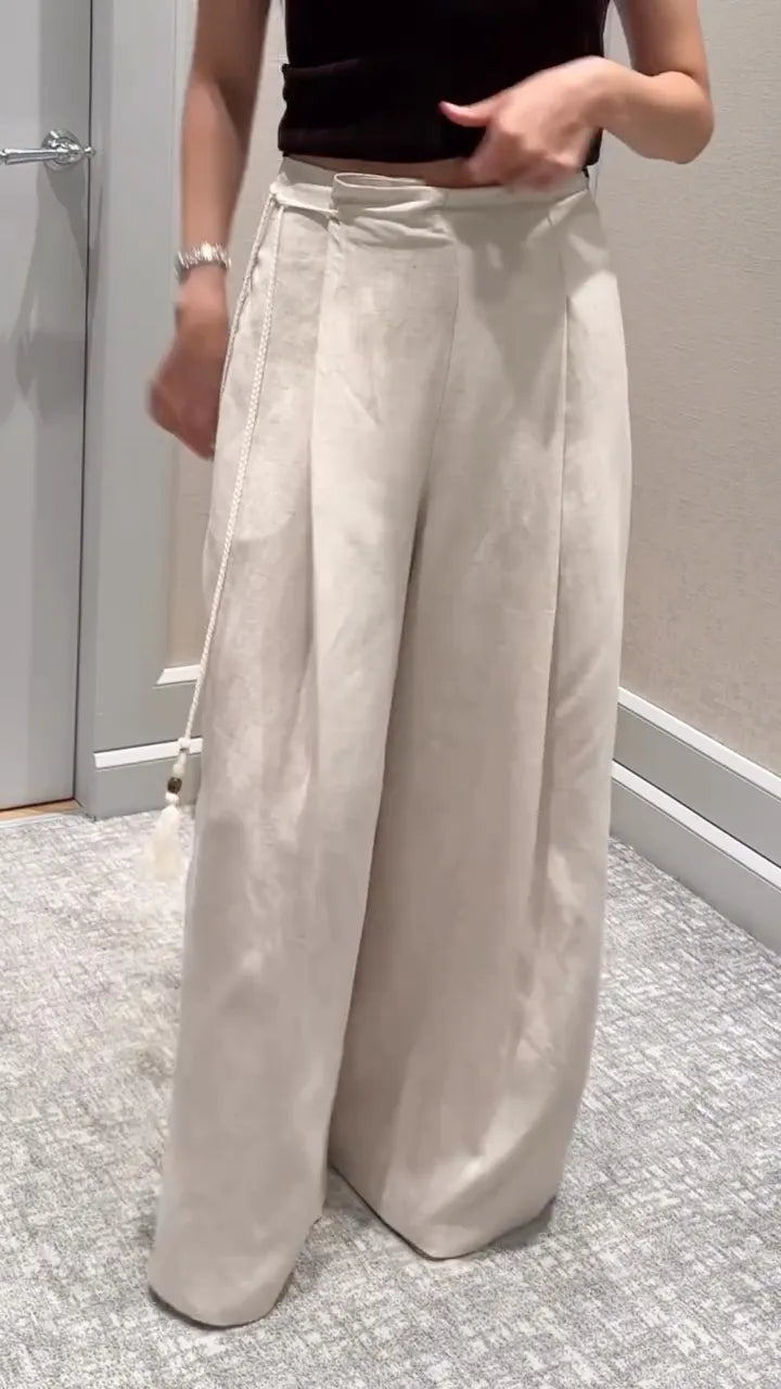 Beige Linen Pleated Wide Leg Trousers