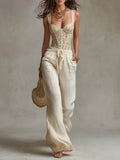 Bohemian Lace Bodycon Vest And Cotton Wide-Leg Pants Two-Piece Set