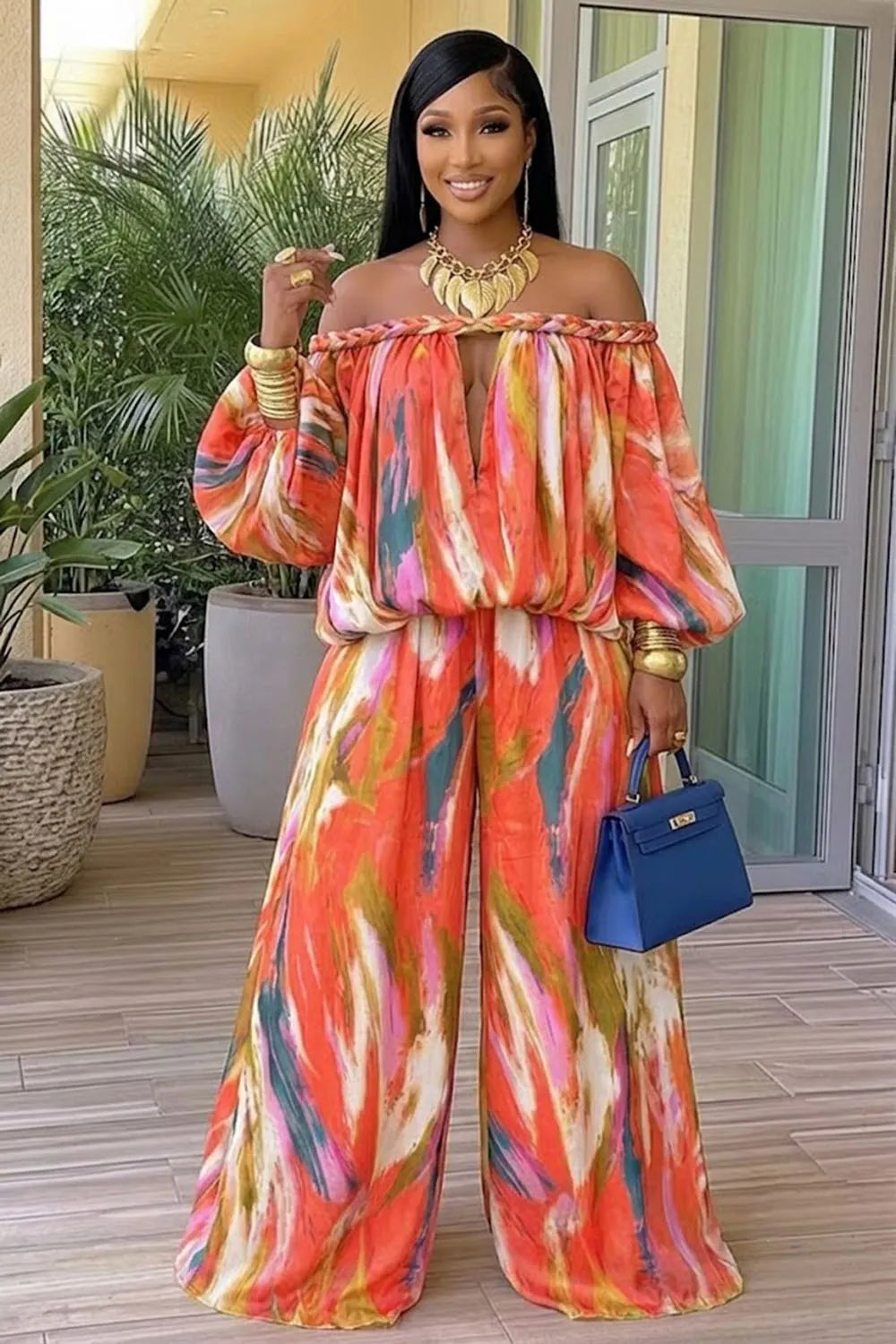 Tie Dye Braided Off Shoulder Top Wide Leg Pants 2pcs Set-Orange [Pre Order]