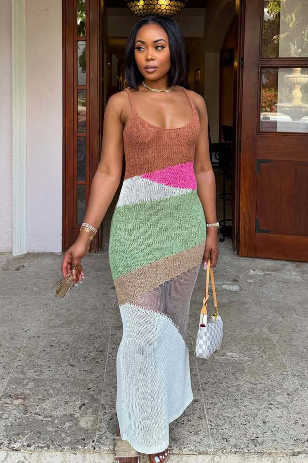 Scoop Neck Cami Colorblock Ribbed Knit Slim Vacation Maxi Dresses-Multicolor