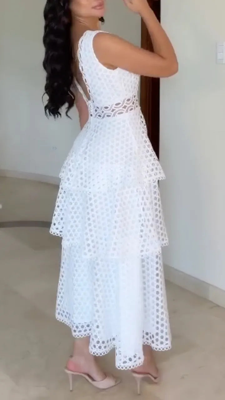 Women's V-Neck Cutout Lace Tiered Dress