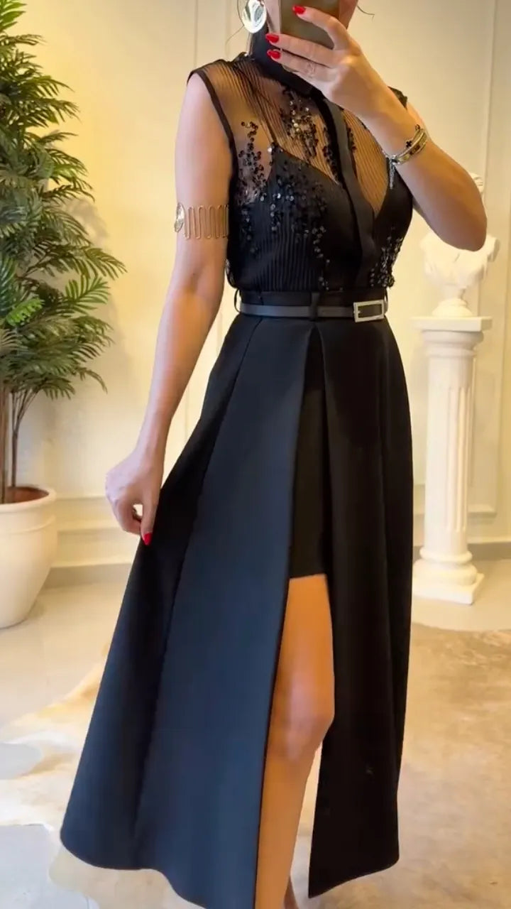 Sequin Mesh Collared Midi Dress With Belt