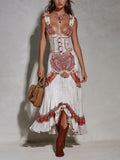 Cotton Blend Bohemian Print Midi Dress With Deep V-Neck And Button Front