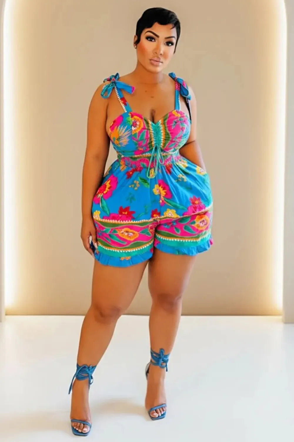 Cami Neck Floral Print Cinch Waist Vacation Romper Playsuit-Blue