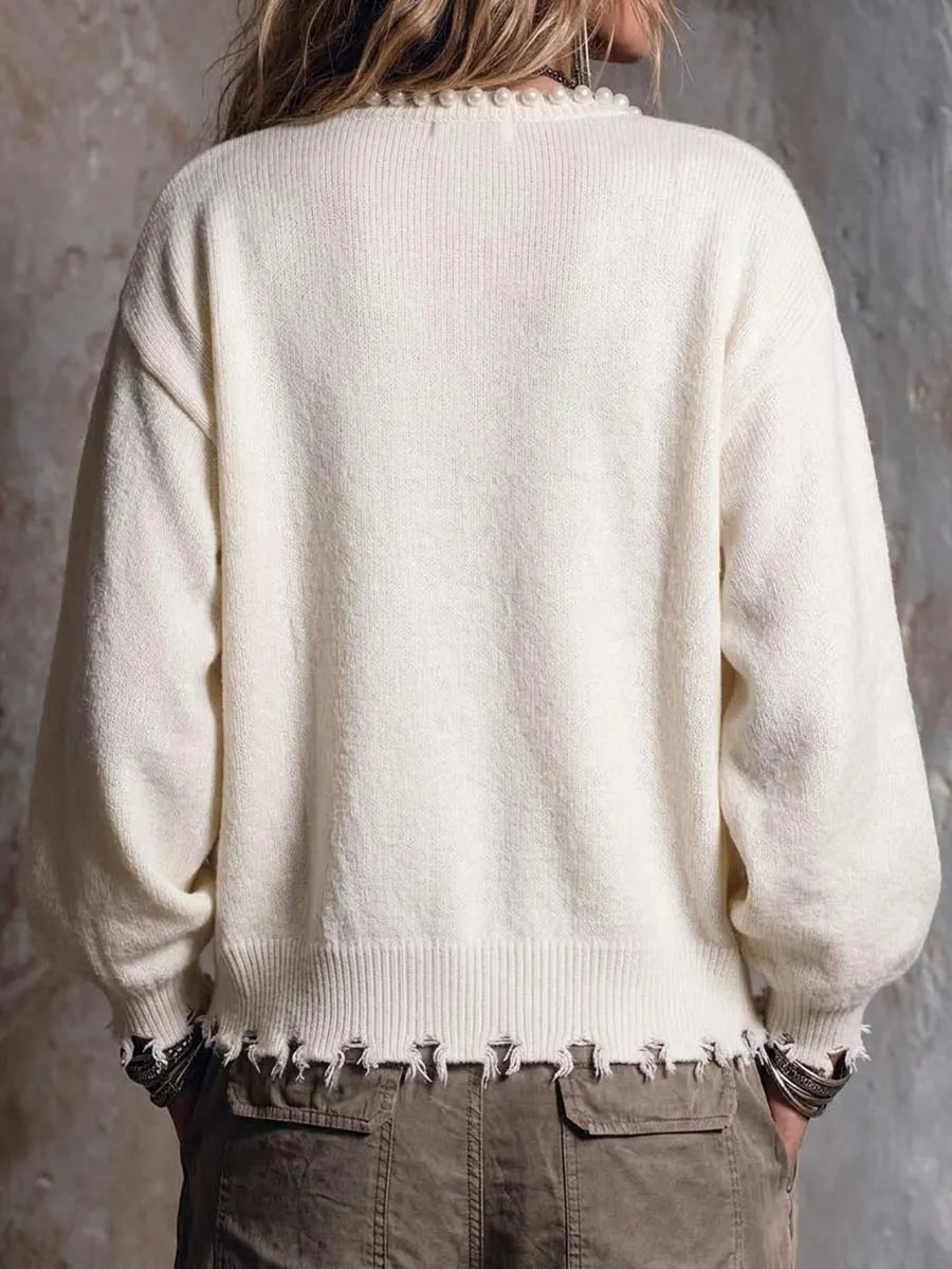 Women's Solid Color Round Neck Long Sleeve Beaded Casual Loose Knit Cardigan
