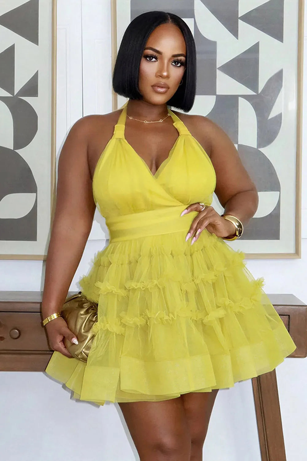 Halter Neck Mesh A-Line Ruffle Trim Hem Gowns Mini Dresses-Yellow [Pre Order]
