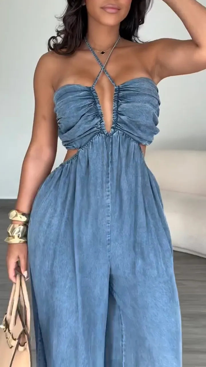 Halter Cutout Tencel Denim Wide Leg Jumpsuit