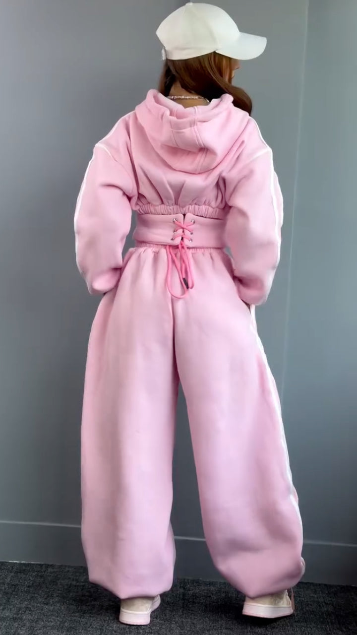 Zip Up Hooded Stripe Sweatshirt & Baggy Pant Tracksuit Set
