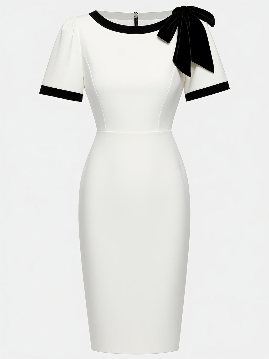 White Bow Short Sleeve Sheath Midi Dress