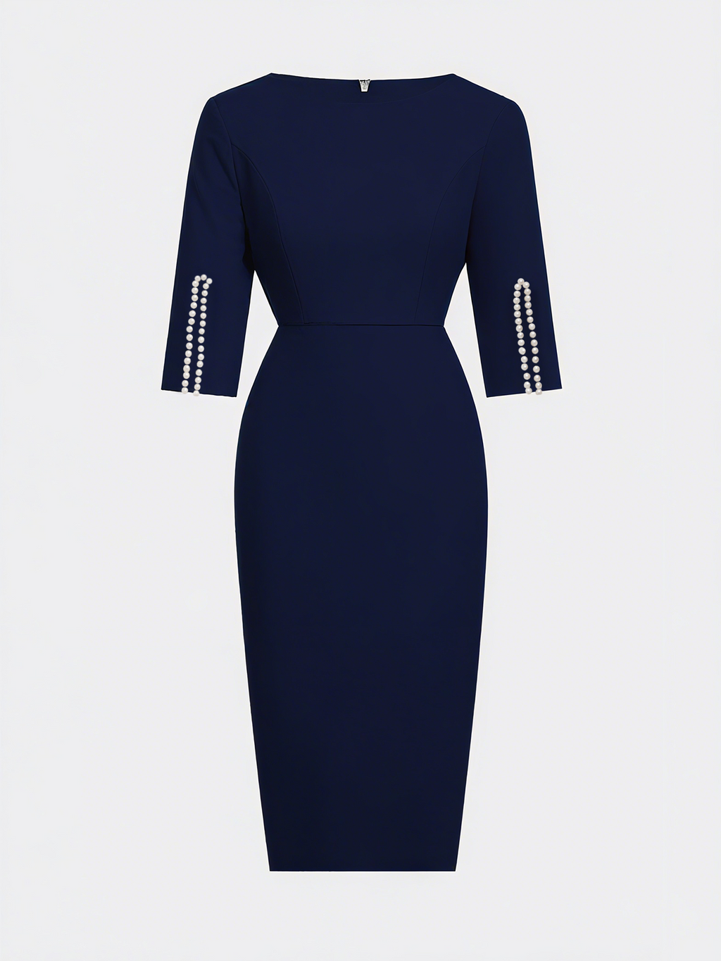 Navy Blue Faux Pearl Classic Crew Neck Half Sleeve Sheath Midi Dress