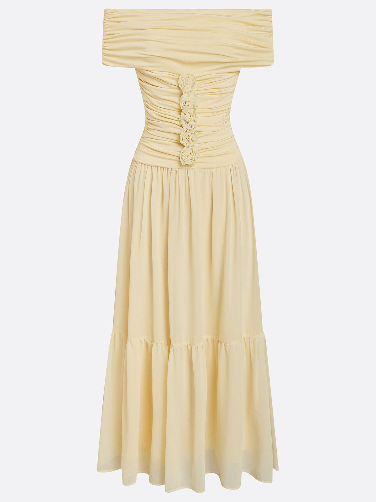 Yellow 3D Floral Chiffon Off The Shoulder Short Sleeve A-Line Maxi Dress