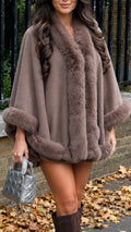 Brown Faux Fur Trim Cape Coat
