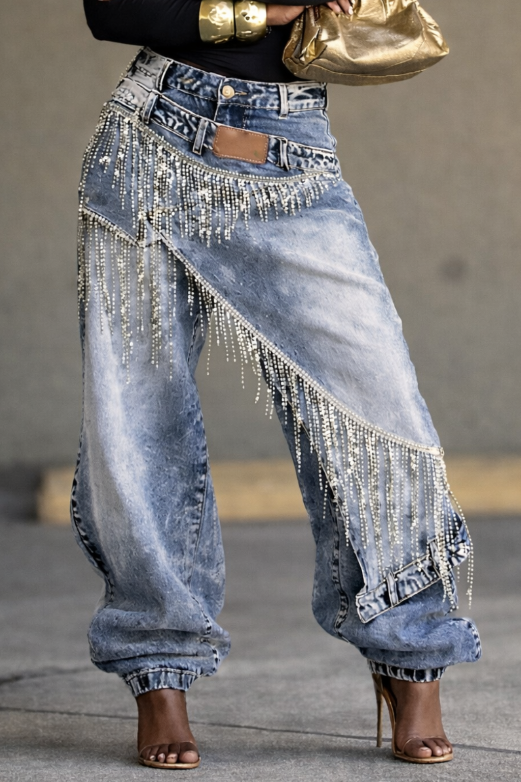 Women's Rhinestone Tassel Faux Two-piece Jeans