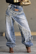 Women's Rhinestone Tassel Faux Two-piece Jeans