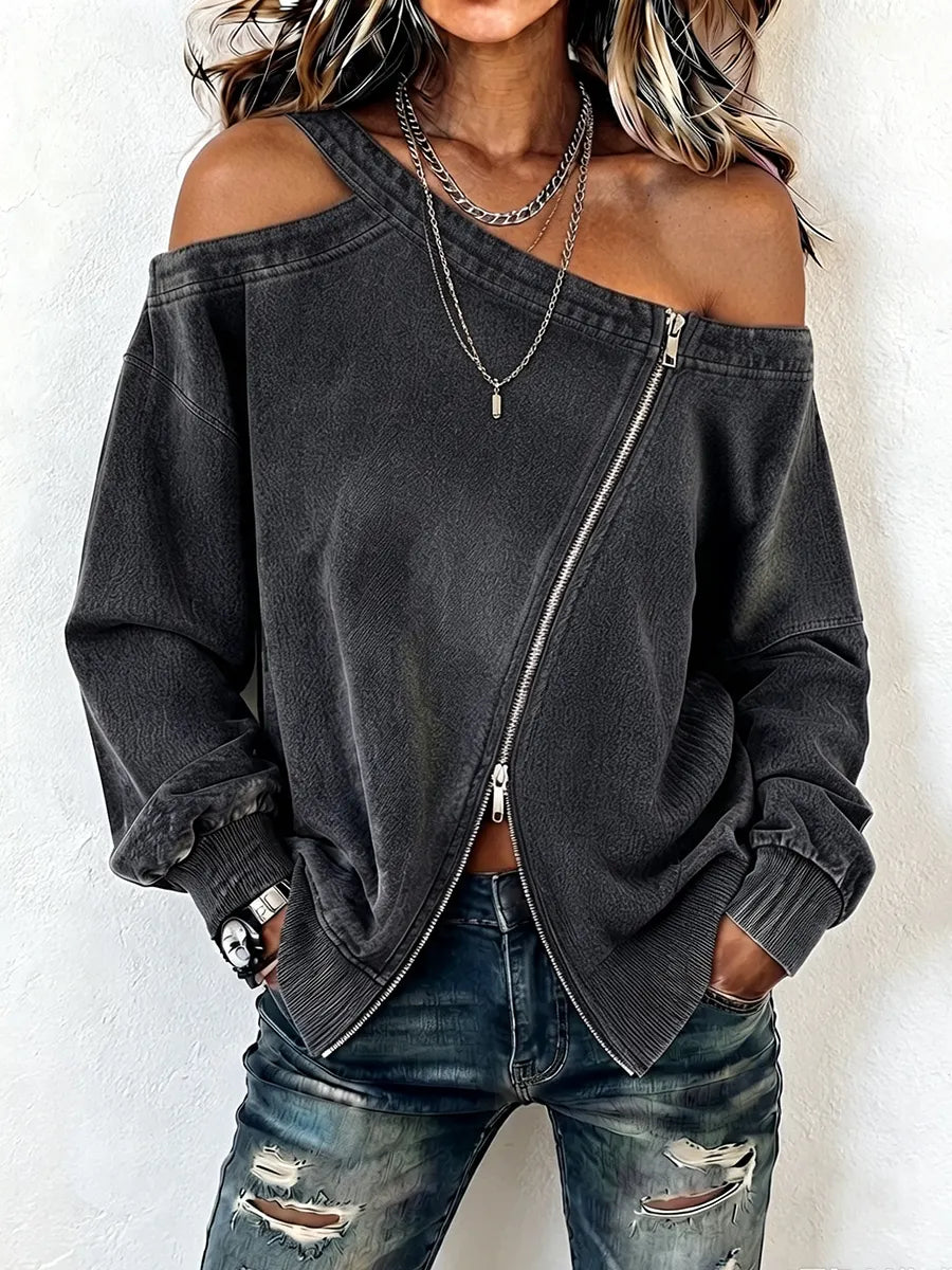 Edgy Chic Asymmetric Cold-shoulder Zipper Pure Cotton Sweatshirt