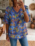 Ethnicity Geometry Feathers Women's Art Casual Patchwork V Collar Shirt