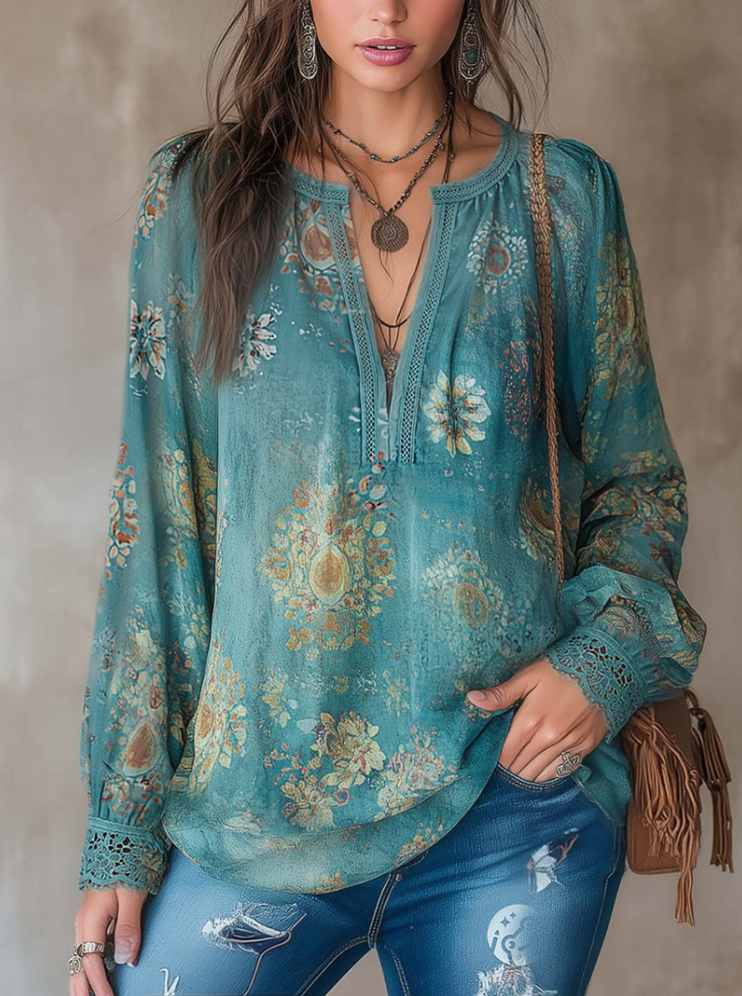 Vintage Ethnic Style Trim Floral Lace Blouse