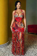 Halter Backless Doodle Printed Fringe Slim Fit Maxi Dresses-Red