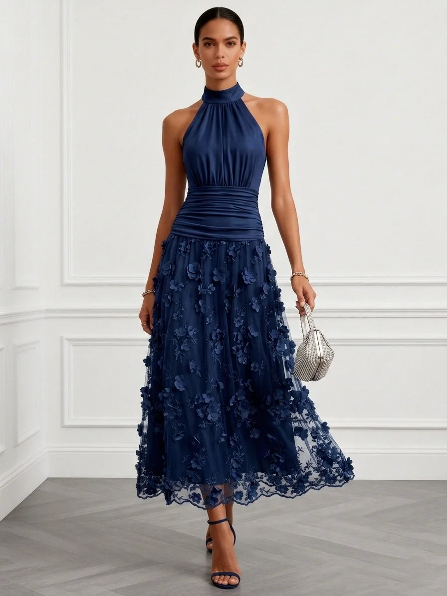 Purplish Blue 3D Floral Embroidery Classic Halter Neck Sleeveless A-Line Maxi Dress