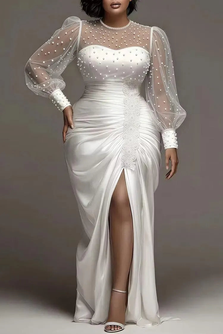 Pearl Beaded Satin Mermaid Evening Gown