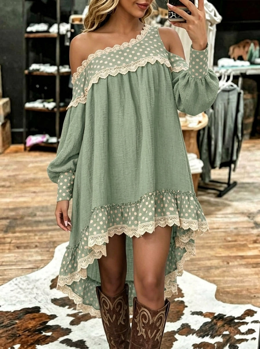 Cottagecore Lace Trim Off Shoulder Asymmetric Dress