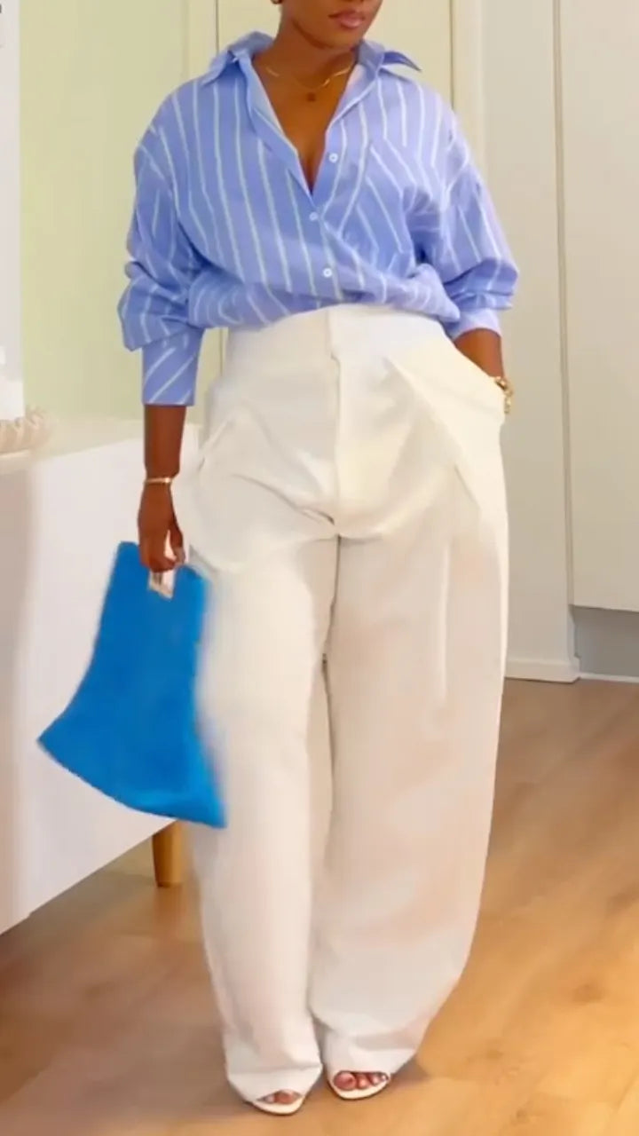 Striped Shirt & White Wide Leg Pants Two‑Piece Outfit